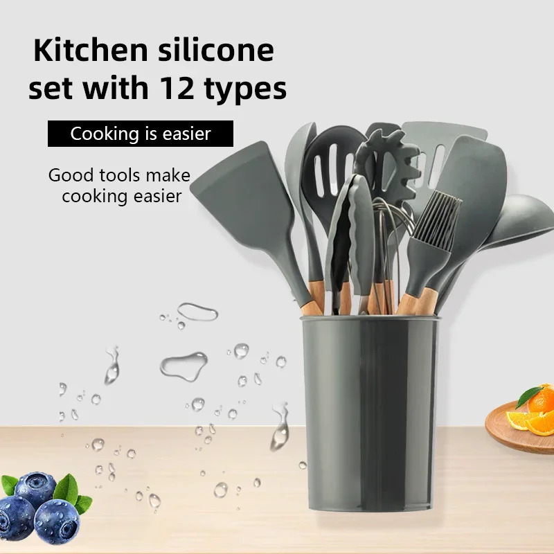 Kitchen Baking Pan Storage - 12-częściowy Zestaw Drewnianych Rączek Silikonowych Przyborów